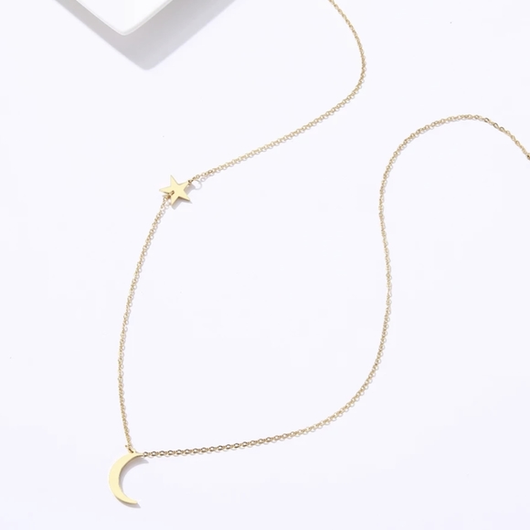 Moon Crescent Star Boho Gold Pendant Necklace - Picture 3 of 9